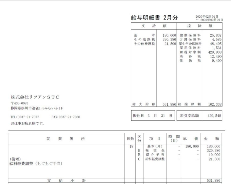 もぐもぐ手当21,500円が支給された給与明細